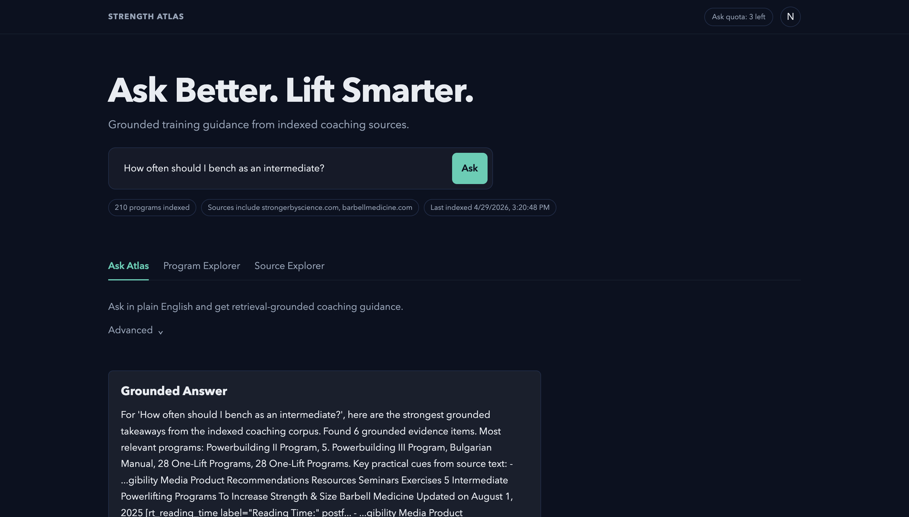 Strength Atlas application interface