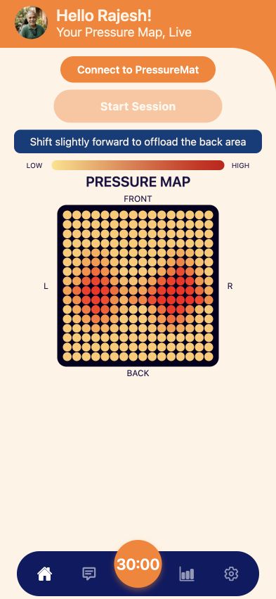 Nudge wheelchair pressure monitoring mobile app screens 1